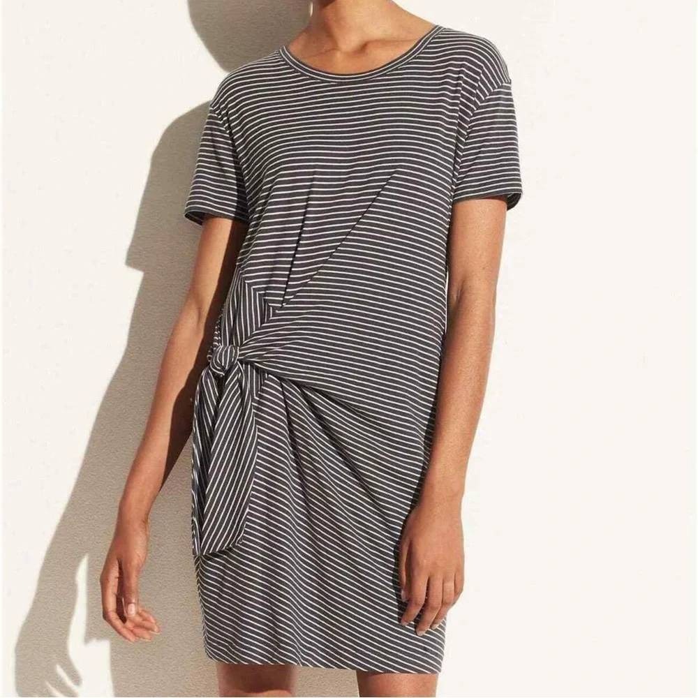Vince Classic Striped Side Tie T-Shirt Dress Short Sleeve Cotton Sz M Blue Gray